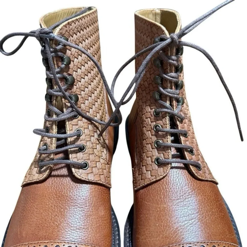 TAFT Combat Boots Mens Size 41 Brown Leather Cap Toe Lace Up Woven Spain Casual
